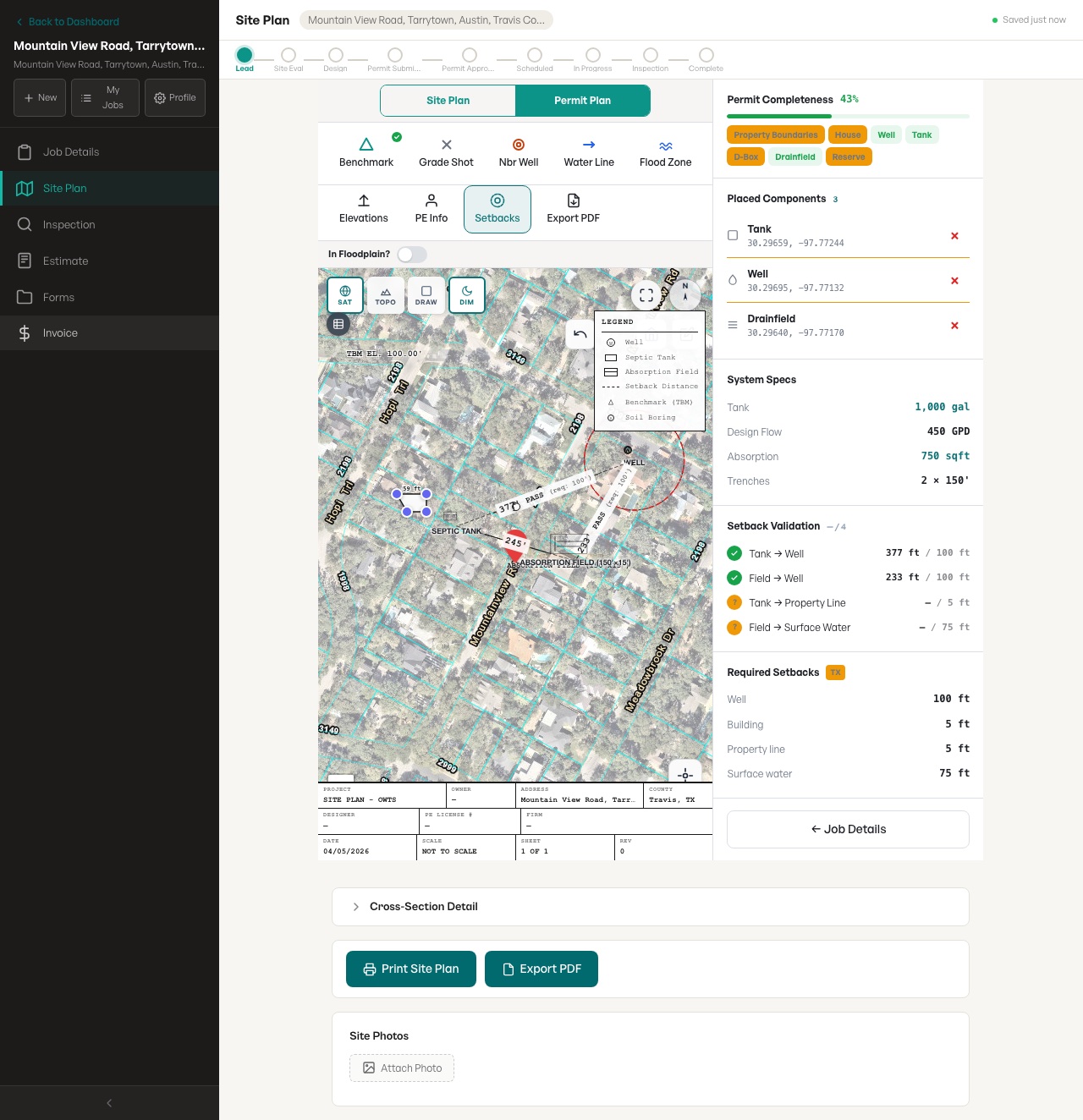Actual SepticPro site plan builder screenshot showing parcel imagery, septic components, setback validation, and PDF export controls